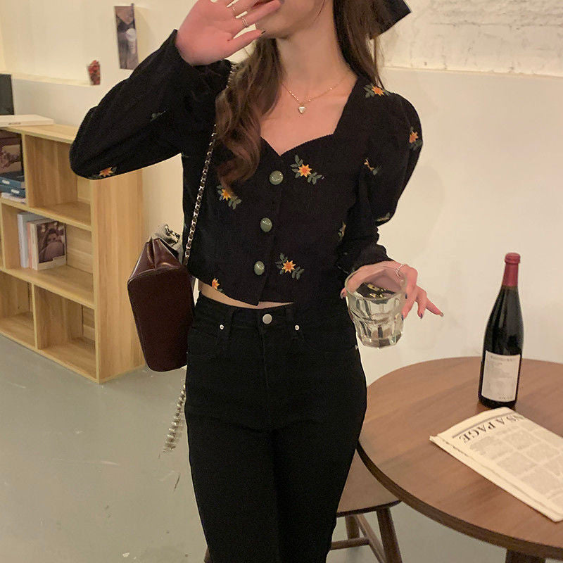 Long Sleeve Flower Pattern Embroidered Cropped Shirt