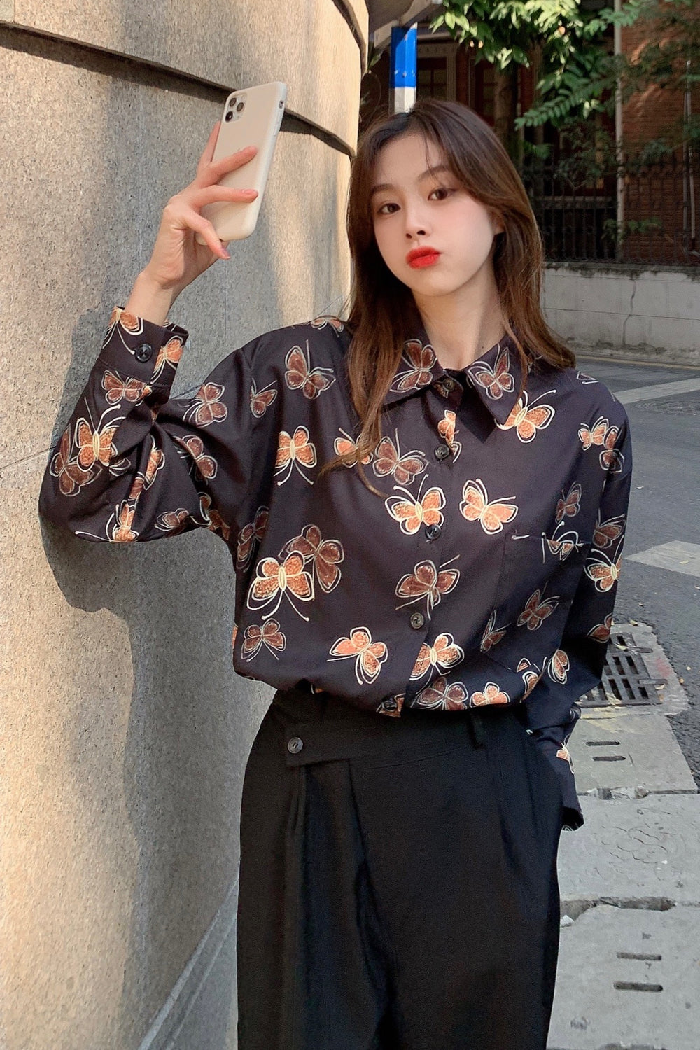 Long Sleeve Butterfly Printed Blouse Shirt