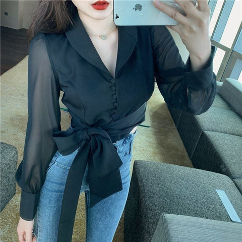 Long Sleeve Lapel Collar with Cute Bow Blouse Shirt