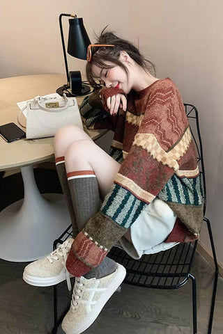 Long Sleeve Vintage Pattern Knitted Sweater