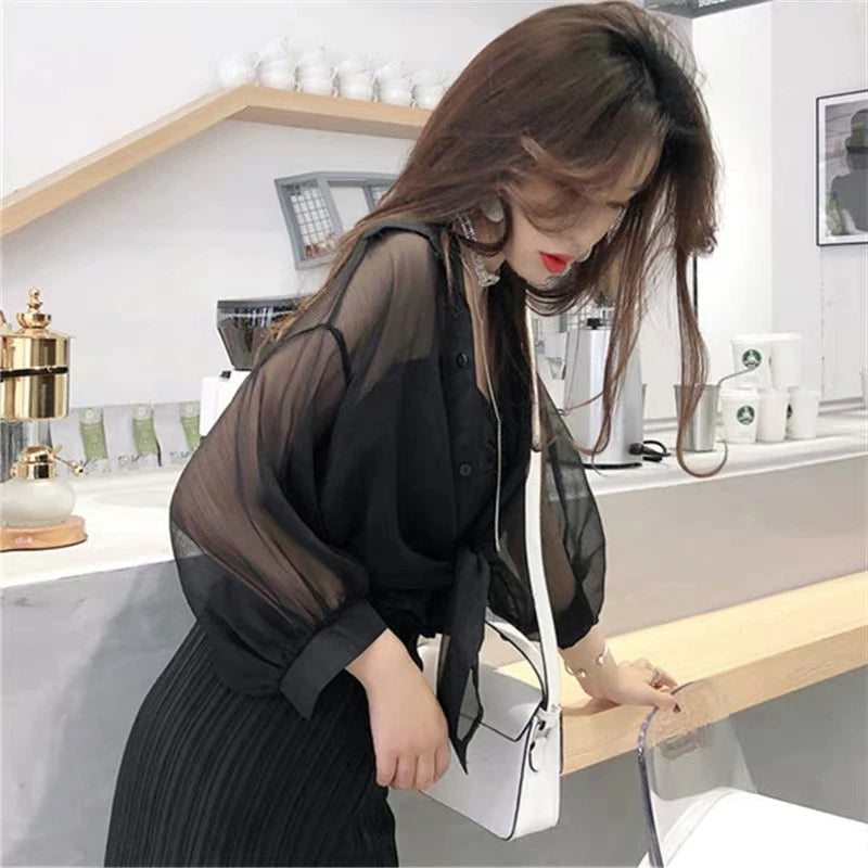 Chiffon Transparent Belt Tie Blouse Shirt