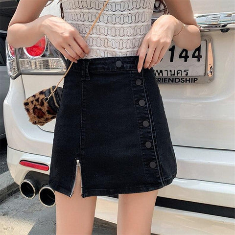 High Waist Single Button Pockets Jeans Skirt