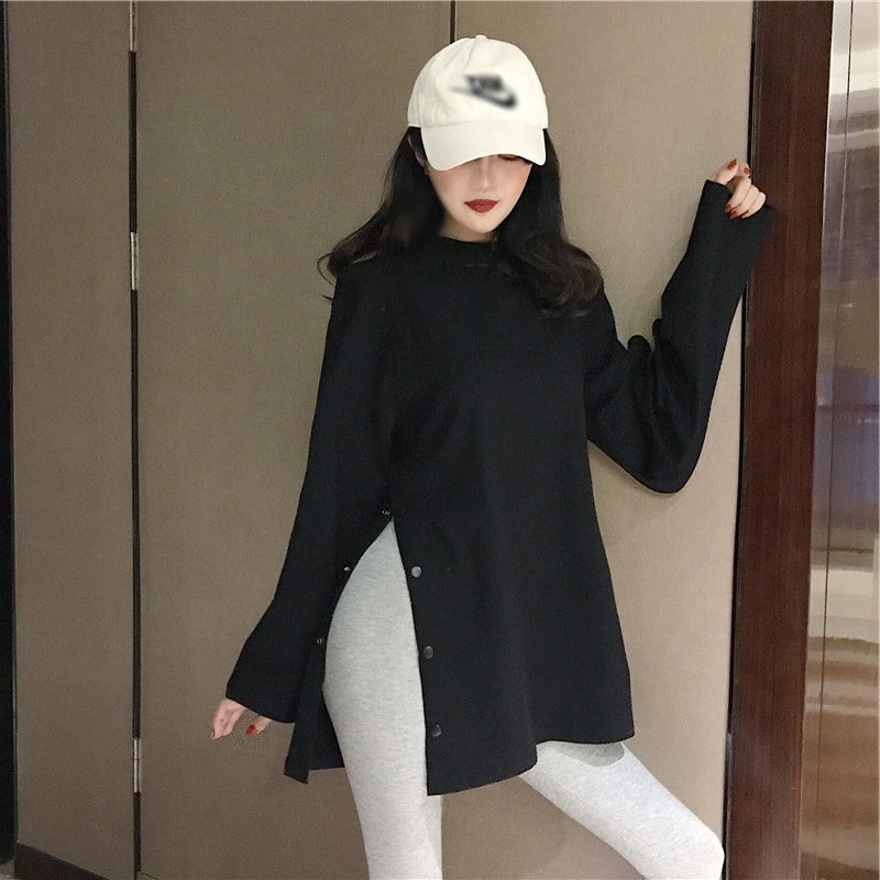 Split Side Button Loose Solid Shirt
