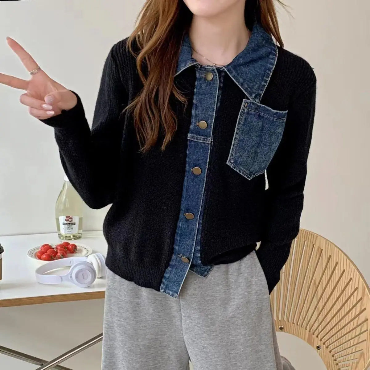 Long Sleeve Denim Spliced Sweatshirt