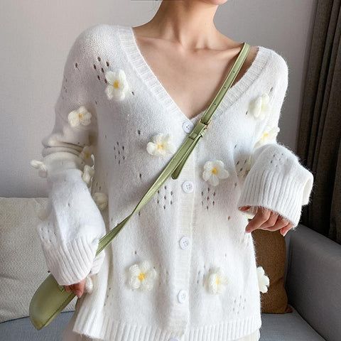 3D Flower Hollow Out Knitted Cardigan