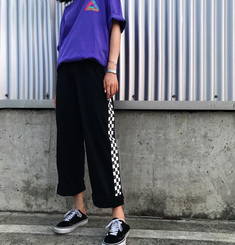 Side Checkerboard Plaid Print Elastic Waist Pants