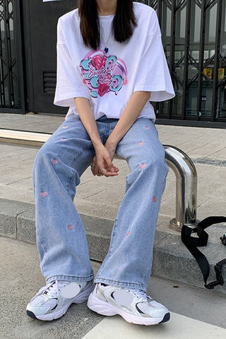 Heart Shape Embroidery Long Jeans Pants