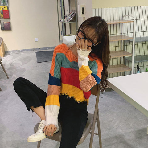 V-Neck Colorful Striped Tassel Sweater