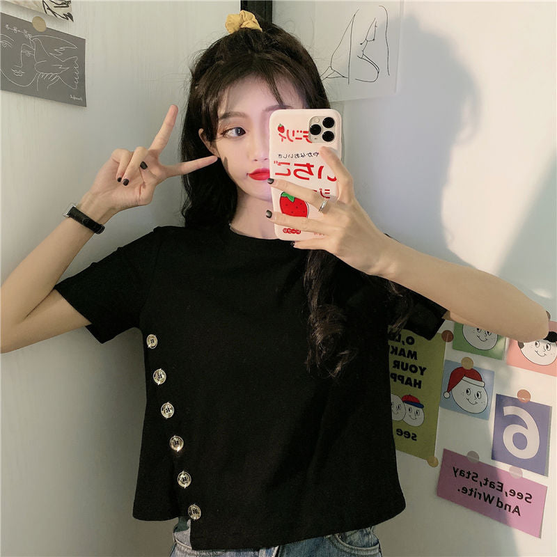 Short Sleeve Side Buttons Slim Shirt