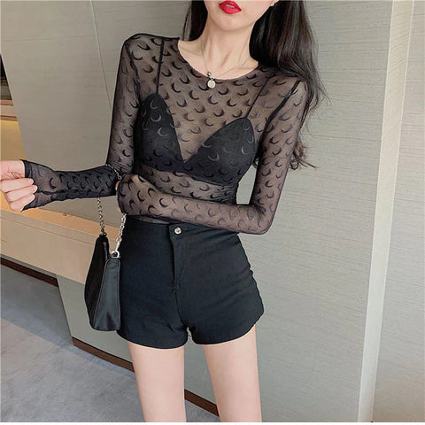 Long Sleeve Moon Pattern Sexy Transparent Shirt