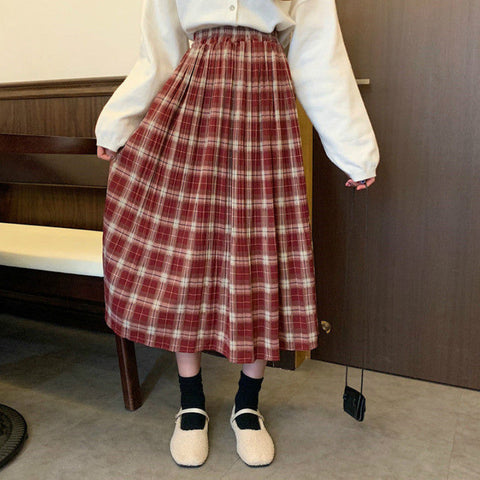 Solid Pleated Plaid Elastic Waist Long Skirts