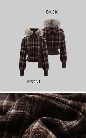 Structured Plaid Down Jacket with Detachable Fur Hood