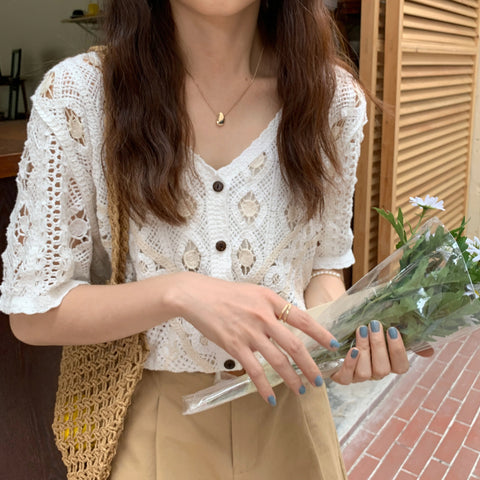 V-Neck Chic Hollow Out Short Sleeve Shirt