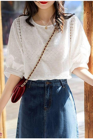 Lace Embroidery Lantern Sleeve Loose Shirt