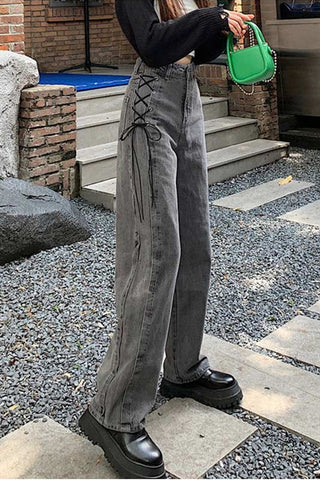 High Waist Side Lace Up Grey Jeans Pants