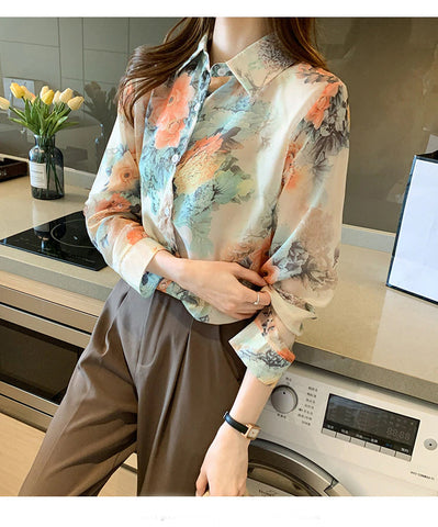 Loose Long Sleeve Floral Pattern Chiffon Shirt