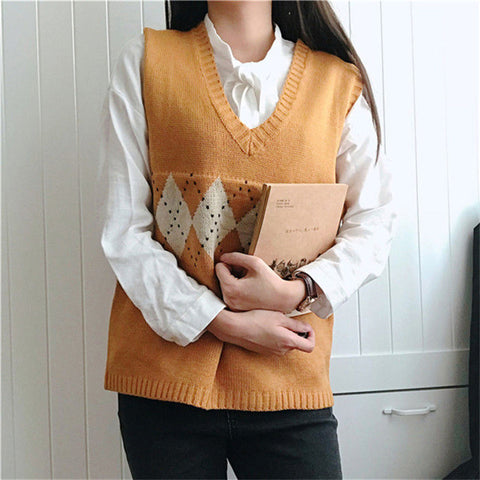 Vintage Geometric Argyle V-Neck Sleeveless Knitted Vest Sweater