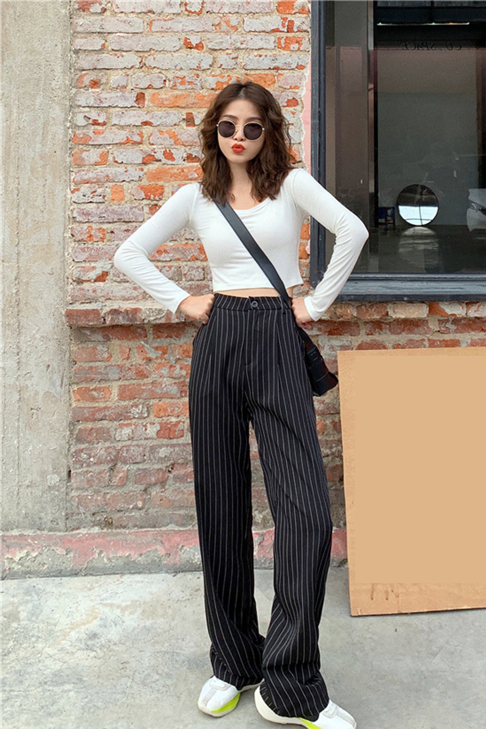 High Waist Retro Striped Office Long Pants