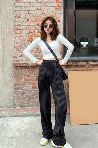 High Waist Retro Striped Office Long Pants