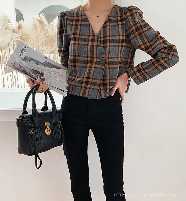 Sexy V Neck Vintage Plaid Blouse Single Button Tops