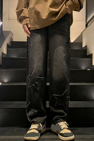 High Waist Stars Embroidered Loose Jeans Pants