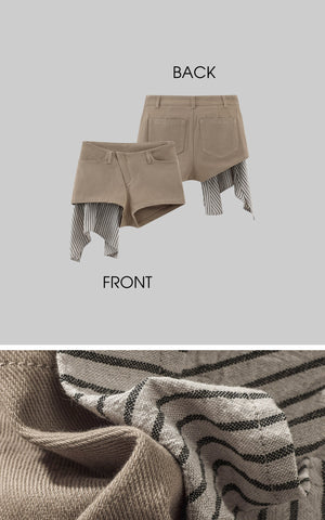 Asymmetric Layered Shorts with Striped Draped Panel