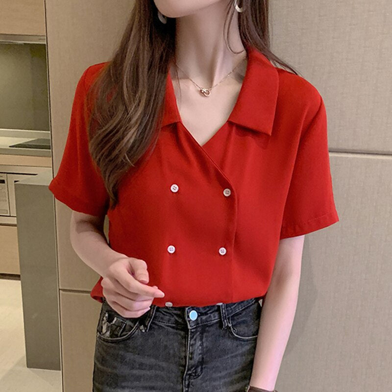 Short Sleeve Chiffon Notched Blouse Shirt