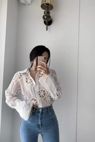 Langarm Sexy Floral Hollow Out Bluse Shirts 