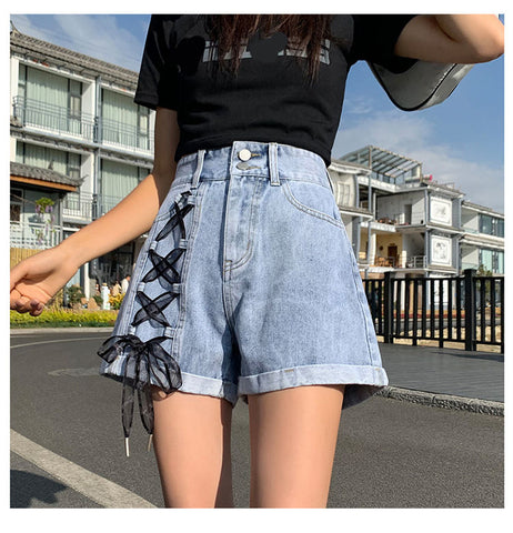 High Waist Lace Up Denim Shorts Jeans
