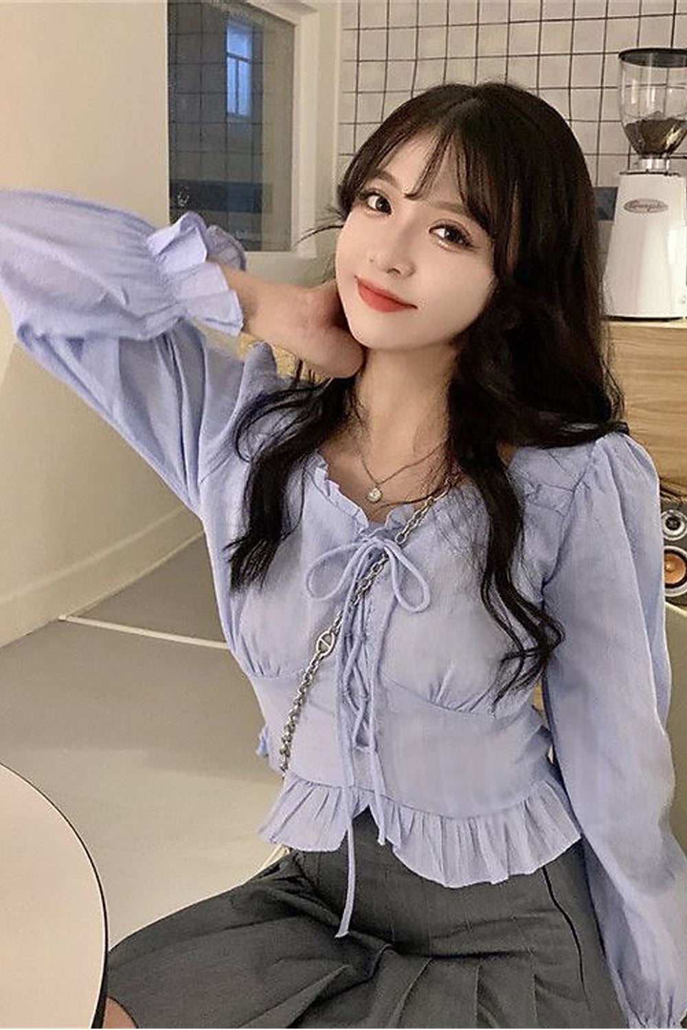 Long Sleeve Lace Tie Cute Blouse Shirts