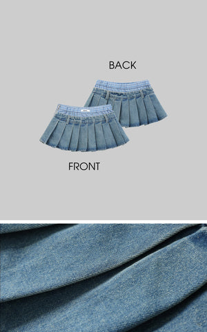 Pleated Denim Micro Skirt with Contrast Waistband