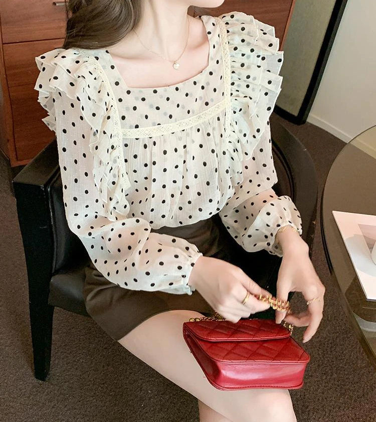 Polka Dot Square Collar Ruffle Blouse Shirts