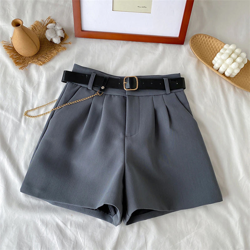 High Waist Thin A-Line Office Shorts With Belt