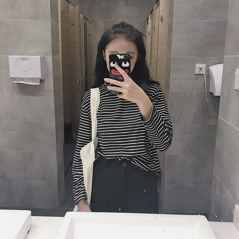 Long Sleeve Casual Black Striped Turtleneck Shirt