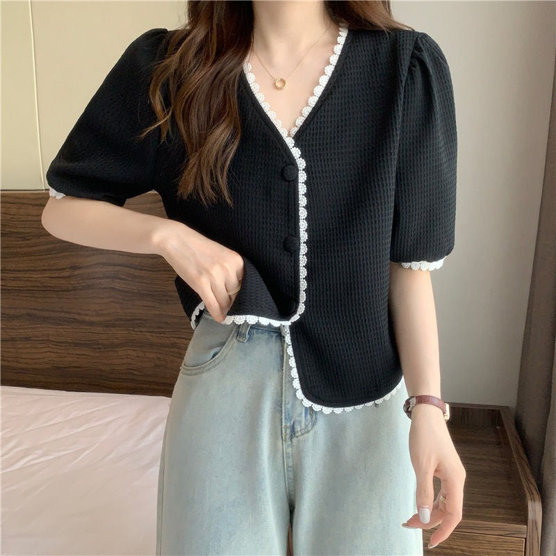Casual Sweet Lace V-Neck Short Sleeve Blouse Shirt
