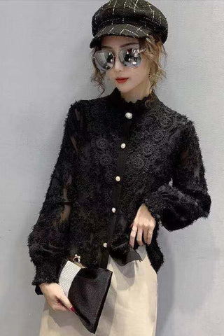 Long Sleeve High Collar Lace Blouse Shirt
