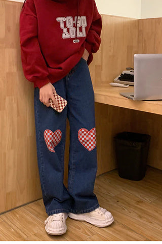 High Waist Heart Checkered Shape Loose Long Jeans Pants