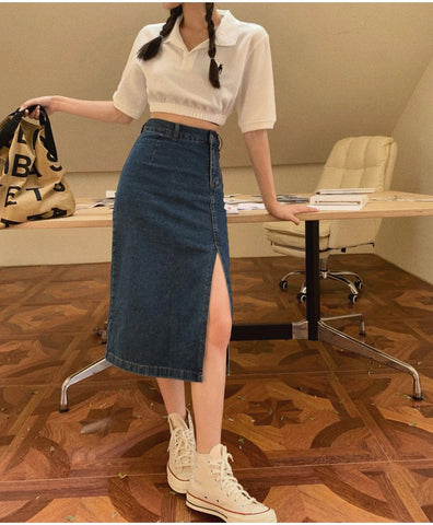 High Waist Long Split Denim Jeans Skirts