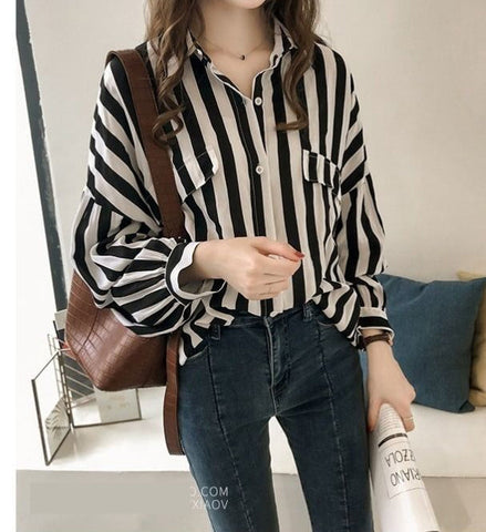 Long Sleeve Loose Striped Elegant Blouse Shirt