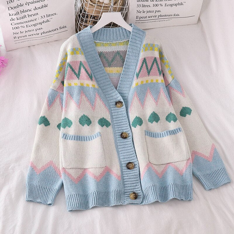 Love Pattern Cute Colors Loose Cardigan Sweater