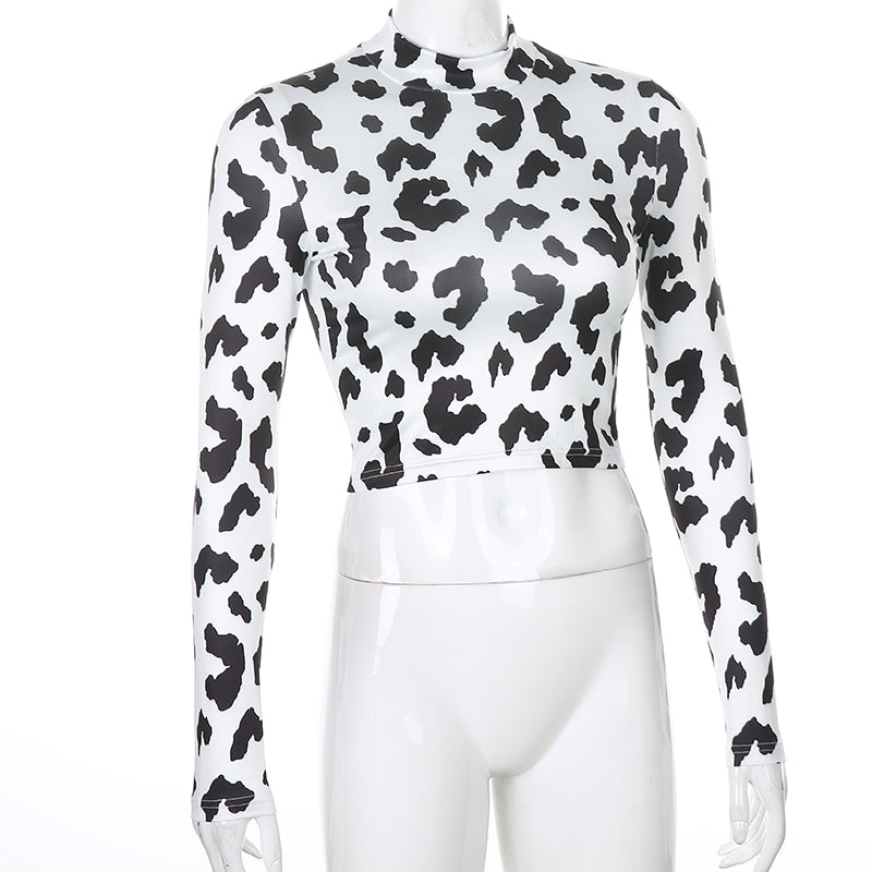 Long Sleeve Cow Pattern Sexy Slim Shirt