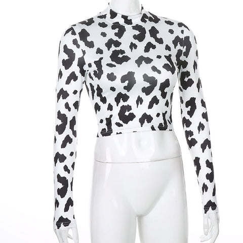 Long Sleeve Cow Pattern Sexy Slim Shirt
