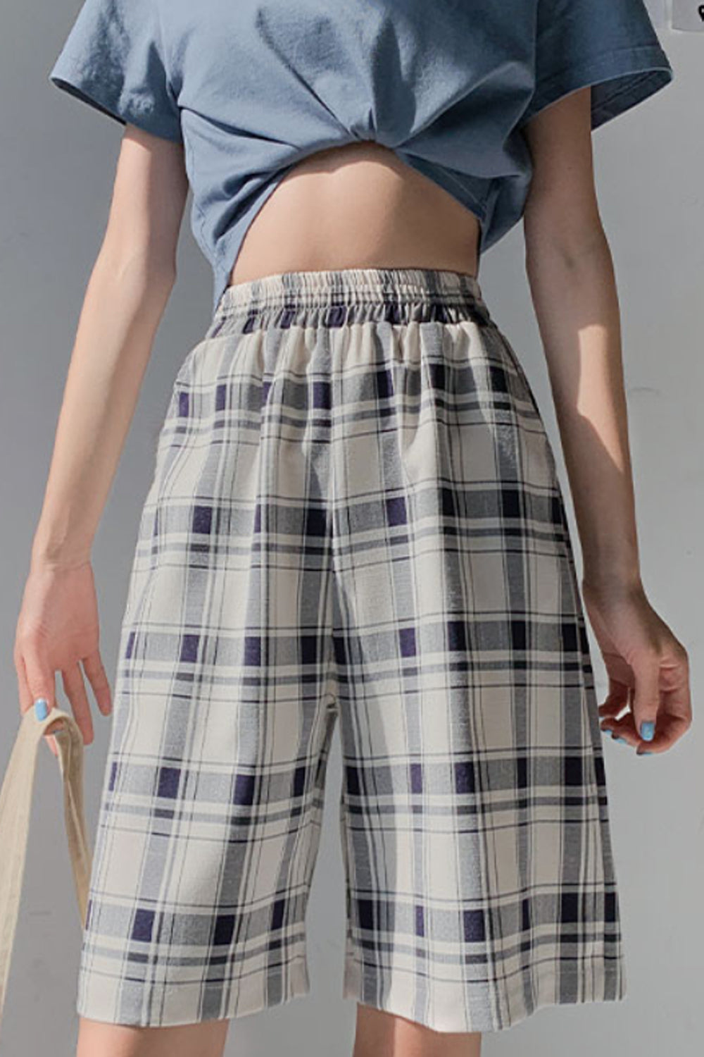 High Waist Casual Color Plaid Cotton Summer Shorts Pants