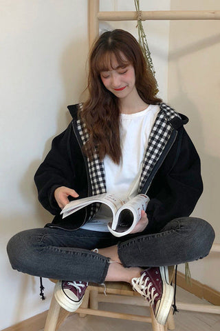 Loose Plaid Side Hooded Jacket