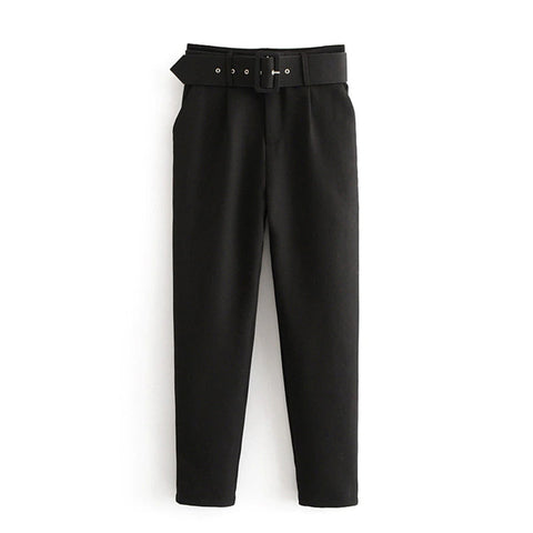 High Waist Solid Long Pants With Belt