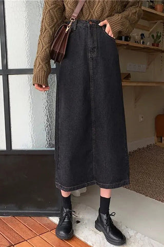 High Waist Medium Long Black Denim Skirts