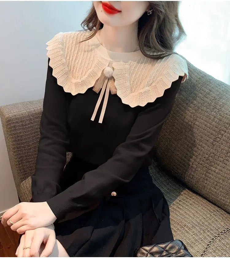 Bow Spliced Peter Pan Collar Slim Sweater