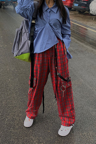 Pantalones cargo con cadena de cuadros rojos de hip hop 