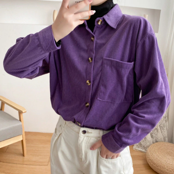 Button Up Solid Corduroy Loose Shirt