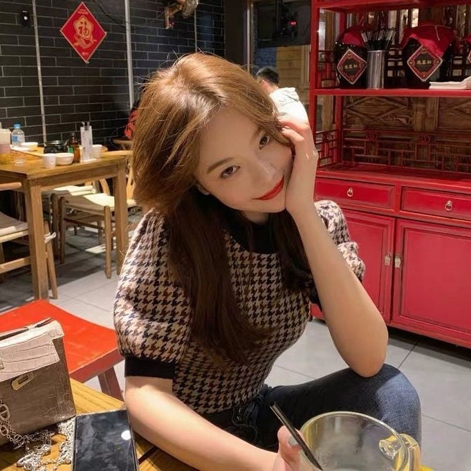 Short Sleeve Houndstooth Pattern Knitted Slim Shirt